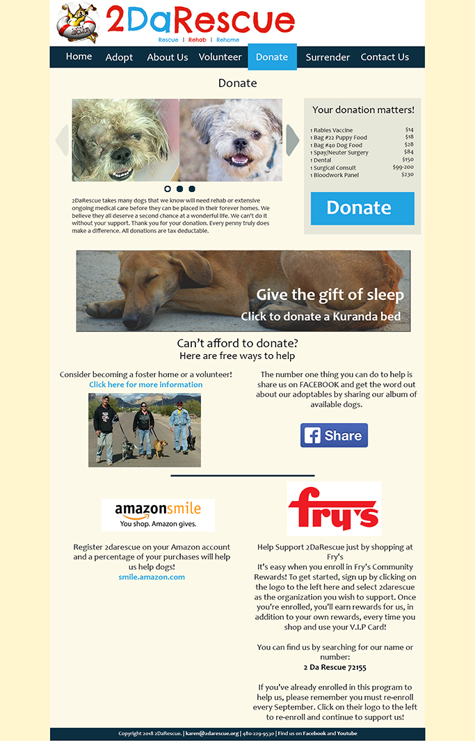 Mockup for the desktop donate page of the updated 2DaRescue website