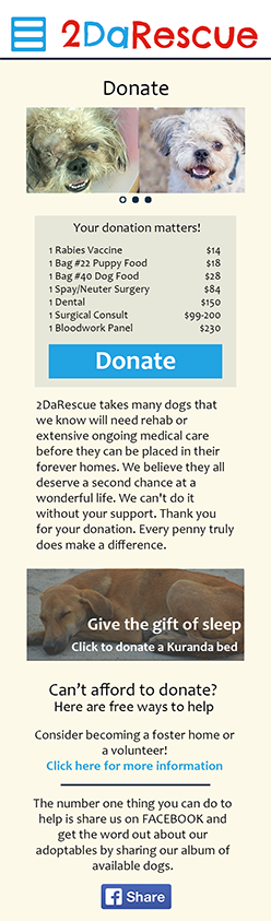 Mockup for the mobile donate page of the updated 2DaRescue website