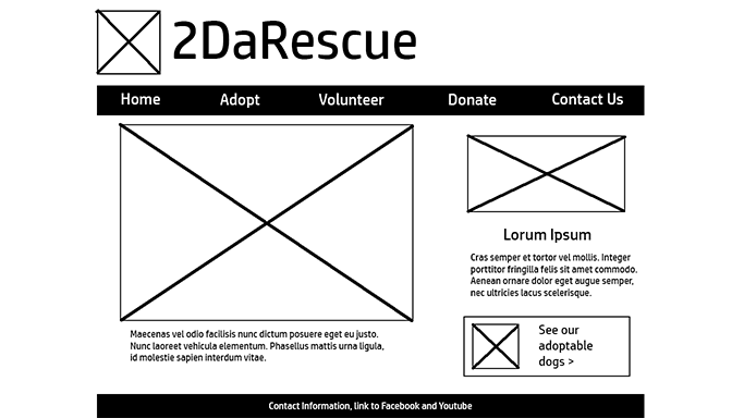 Wireframe for the desktop homepage of the updated 2DaRescue website