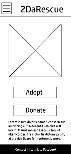Wireframe for the mobile homepage of the updated 2DaRescue website