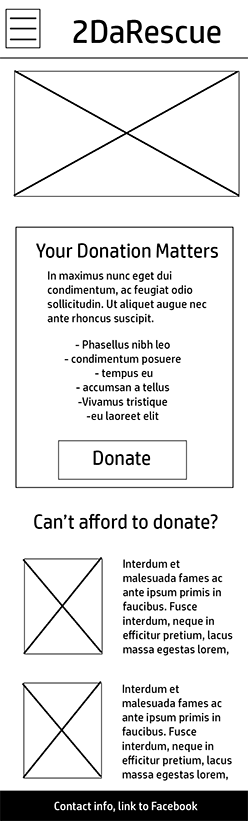 Wireframe for the mobile donate page of the updated 2DaRescue website